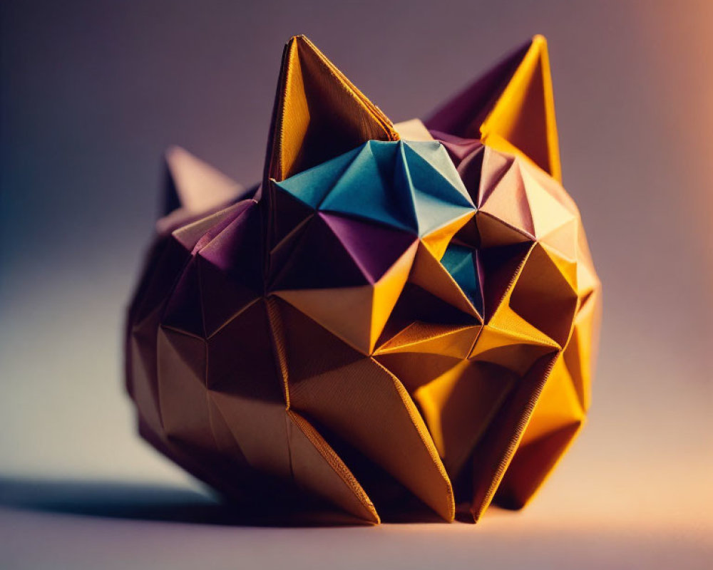 Vibrant Origami Cat Sculpture on Geometric Shapes and Gradient Background