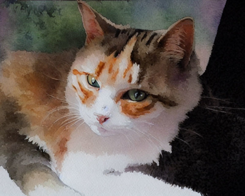 Cat with striped fur and green eyes in watercolor-style digital art