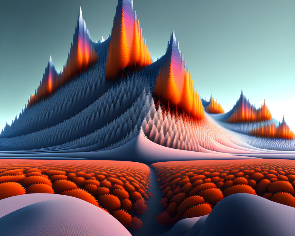 Vibrant orange and blue soundwave peaks in surreal landscape