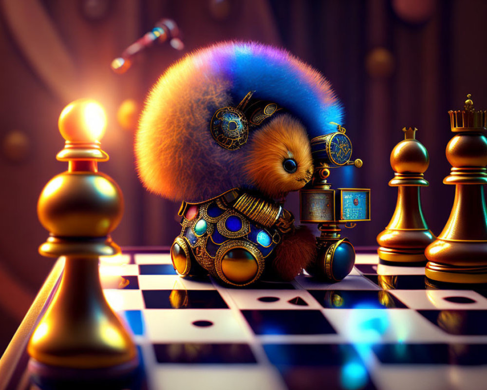 Steampunk-inspired fluffy creature with gears and blue glow on chessboard.