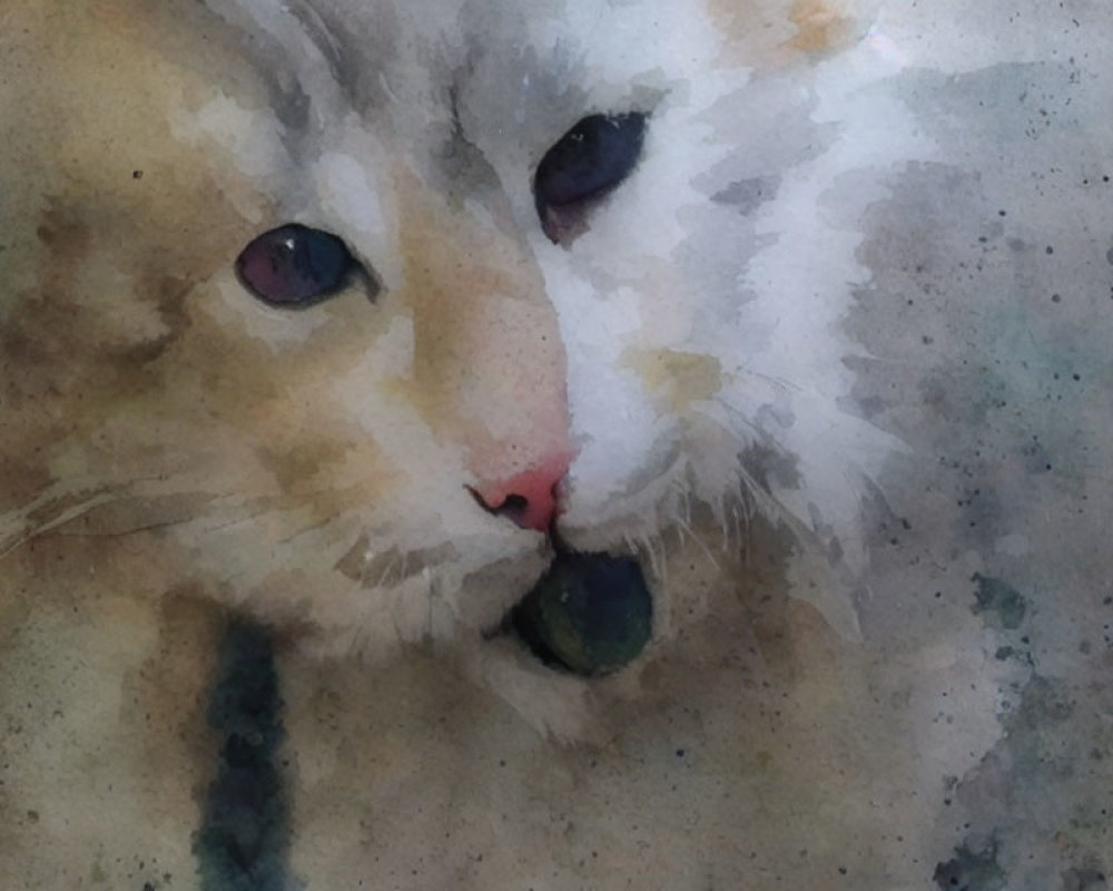 Close-Up Cat Watercolor Painting with Purple Eyes and Pink Nose