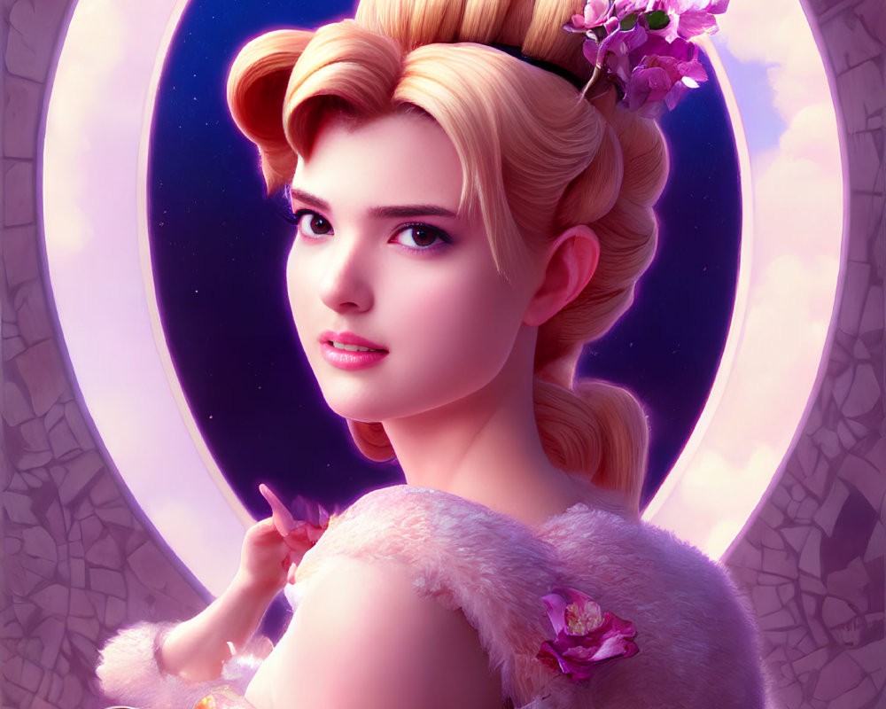 Stylized woman with elegant updo, floral hair, pink fur stole, under moonlight