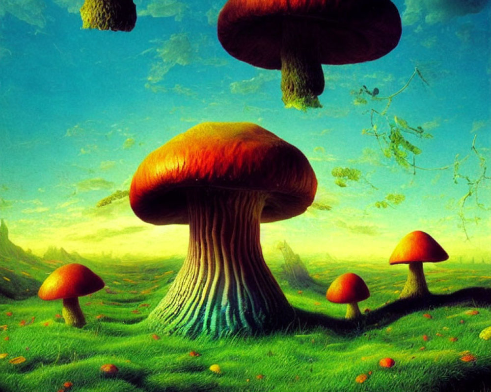 Colorful surreal landscape with oversized mushrooms and blue sky