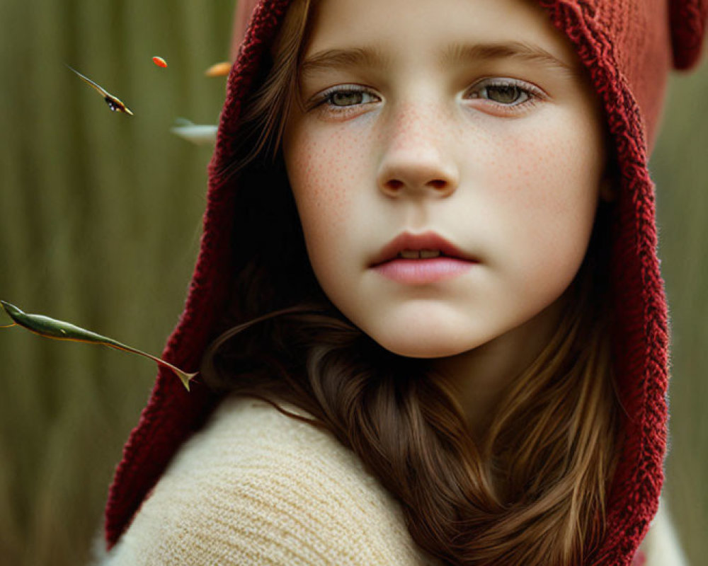 Young girl with long brown hair in red hood and beige sweater gazes pensively in nature.