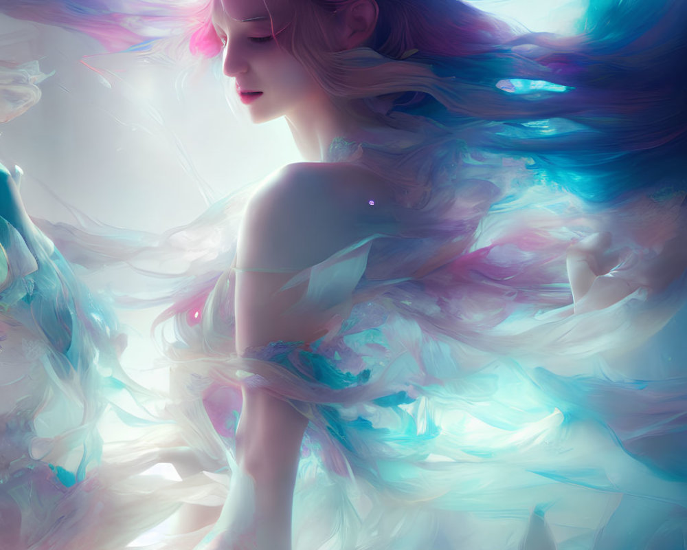 Colorful surreal portrait of a woman with flowing hair in billowing smoke-like garments on pastel background