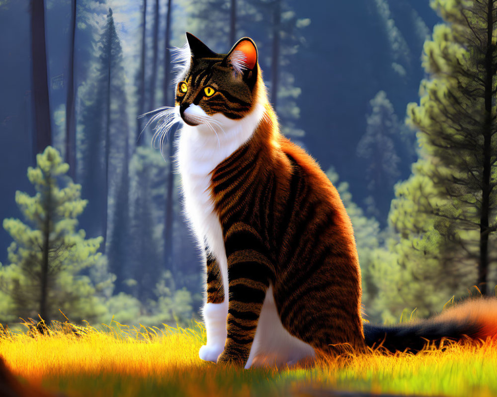 Majestic tabby cat with striking markings in sunlit forest clearing