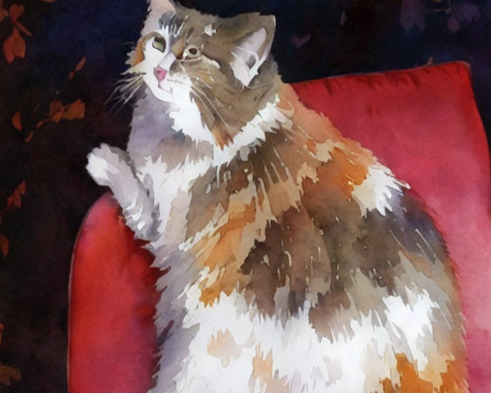 Fluffy Tri-Colored Cat Watercolor Painting on Red Cushion with Leaf Patterns