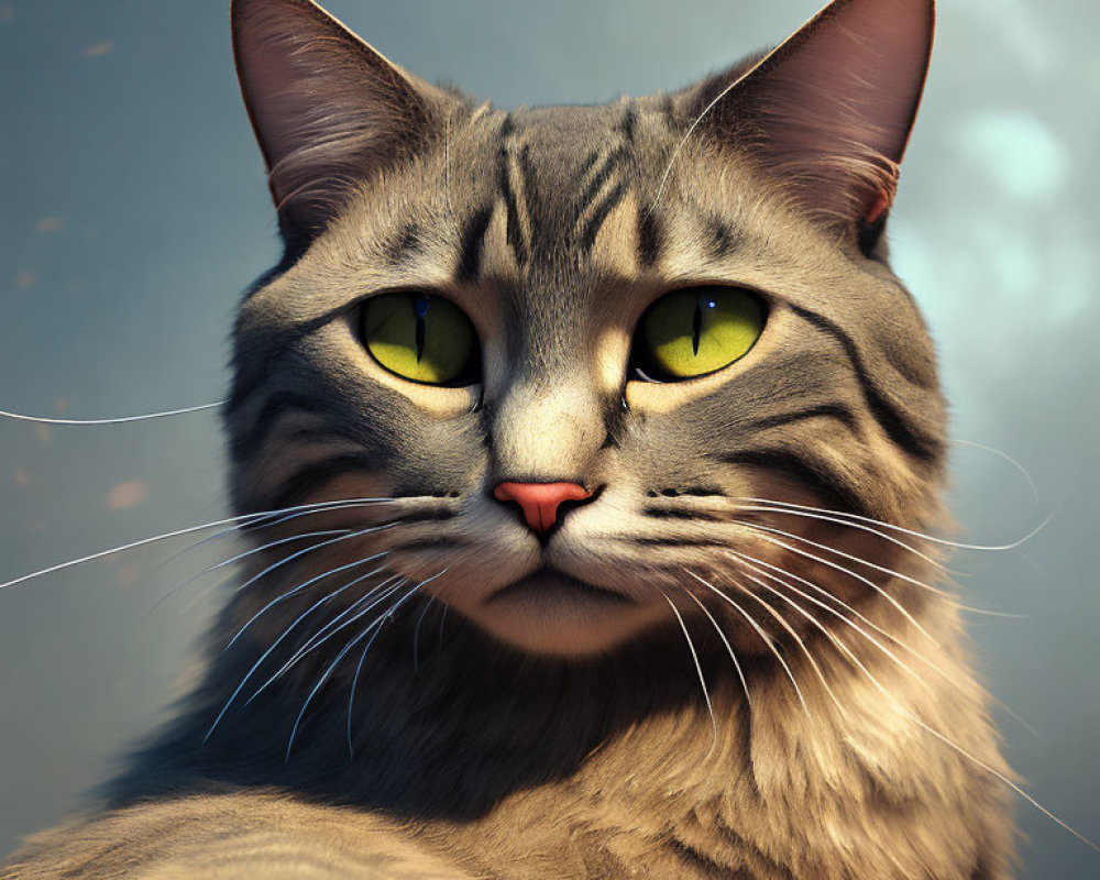 Photorealistic grey tabby cat with green eyes and whiskers in natural setting