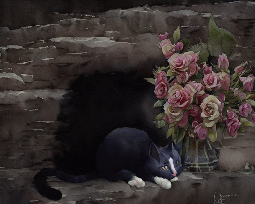 Black Cat with White Paws Resting Near Pink Roses on Stone Steps in Dimly Lit Setting