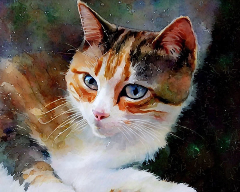 Calico Cat Watercolor Painting with Blue Eyes on Dark Background