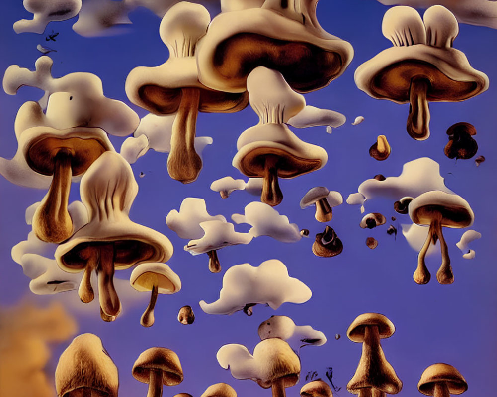 Surrealistic painting: Mushroom-shaped clouds in desert with distant bird