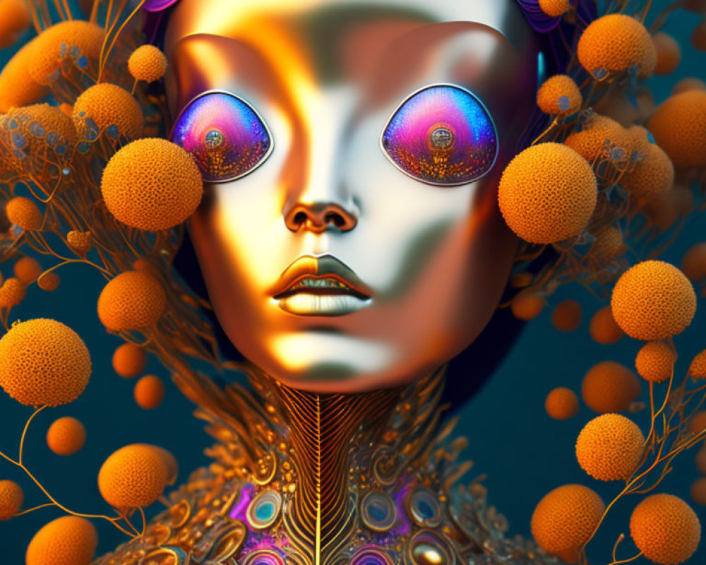 Surreal digital artwork: humanoid figure with oversized iridescent eyes, orange flora, vibrant feathers