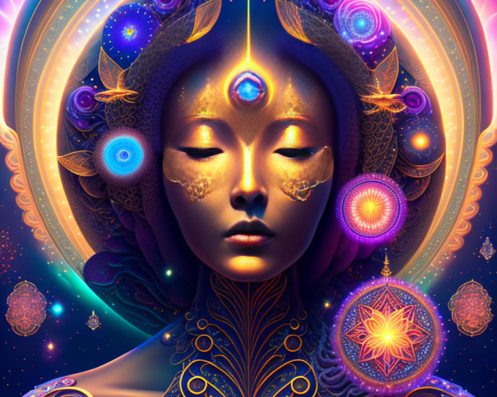 Colorful surreal digital artwork: Woman with cosmic motifs