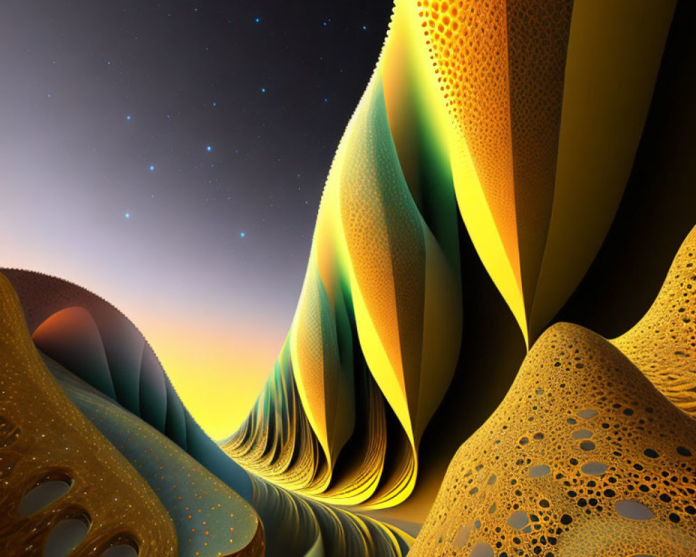 Warm-Toned Fractal Landscape on Starry Night Sky