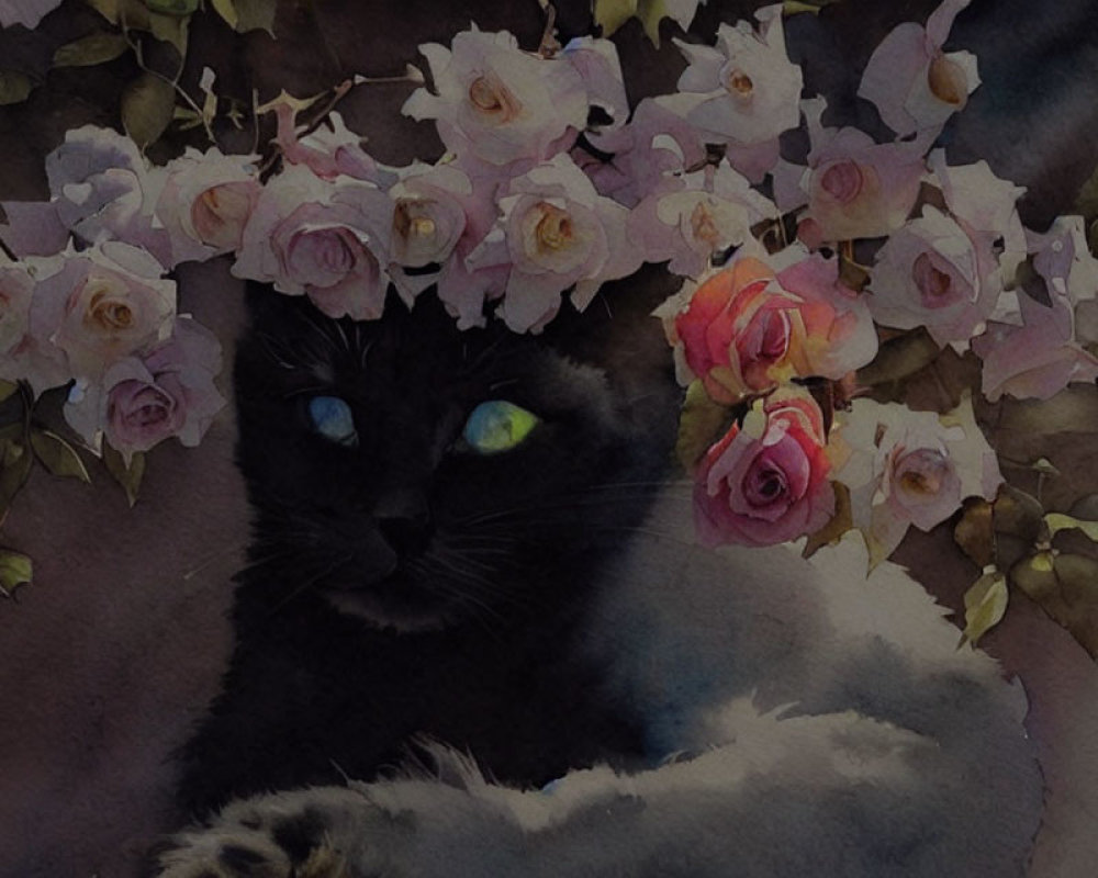 Black Cat with Green Eyes Among Pink Roses on Dark Watercolor Background