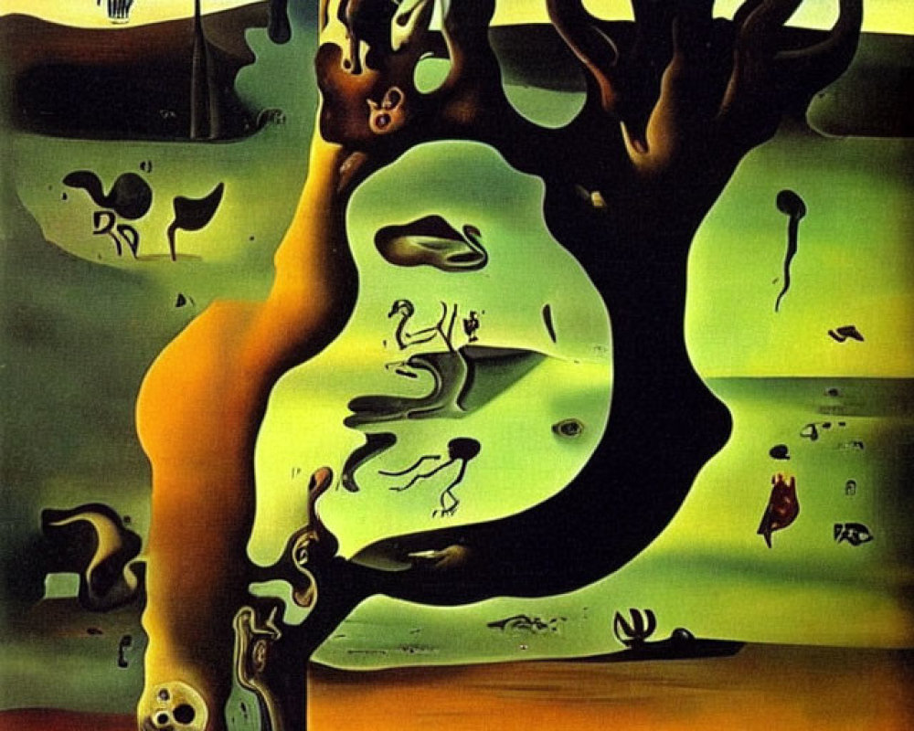 Surrealist painting with melting tree, anthropomorphic figures, and floating orbs