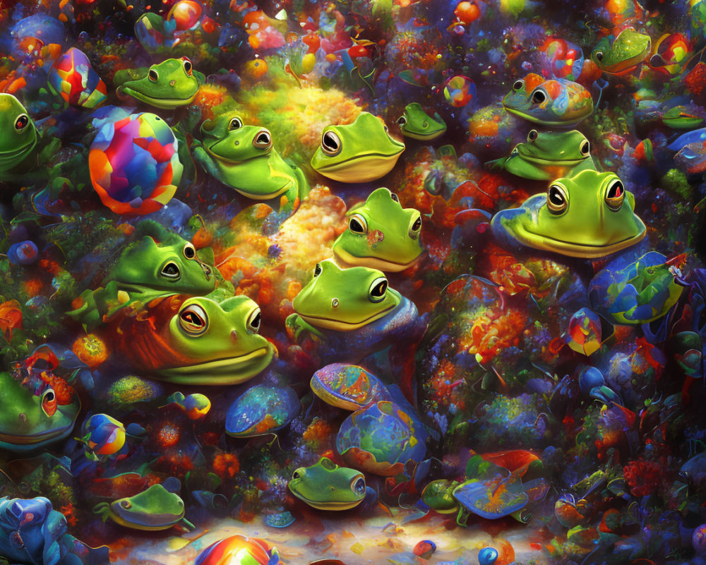 Whimsical frog-themed digital art in colorful forest setting