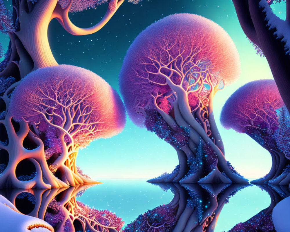 Vibrant fantasy landscape with intricate tree-like structures and rainbow hues