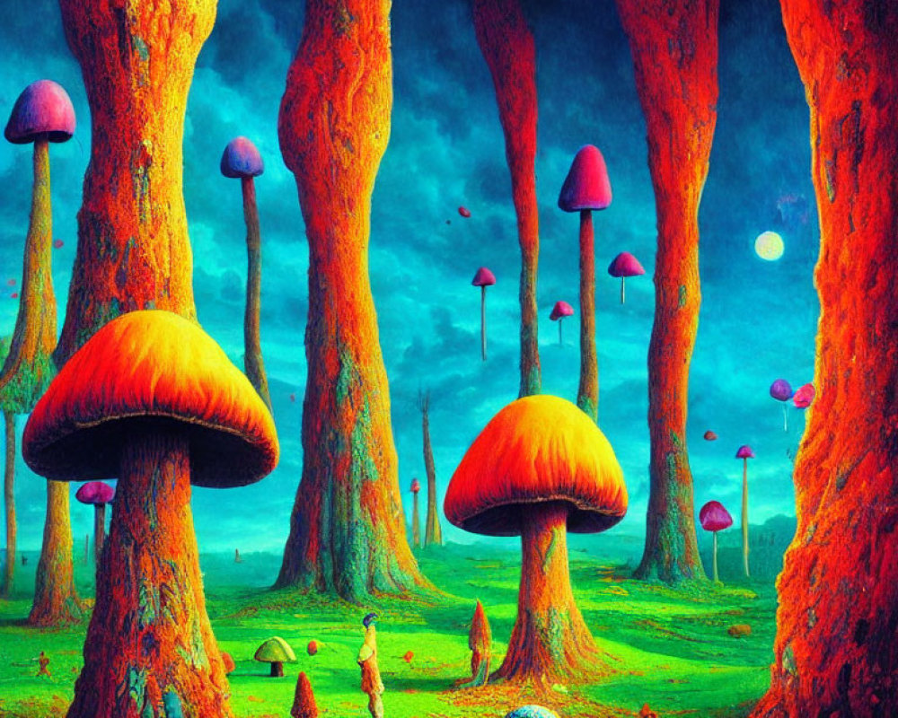 Fantasy forest with towering trees and giant mushrooms under twilight sky