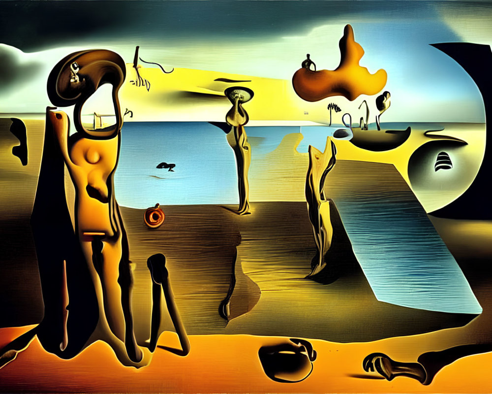 Surreal landscape with distorted figures and melting clocks