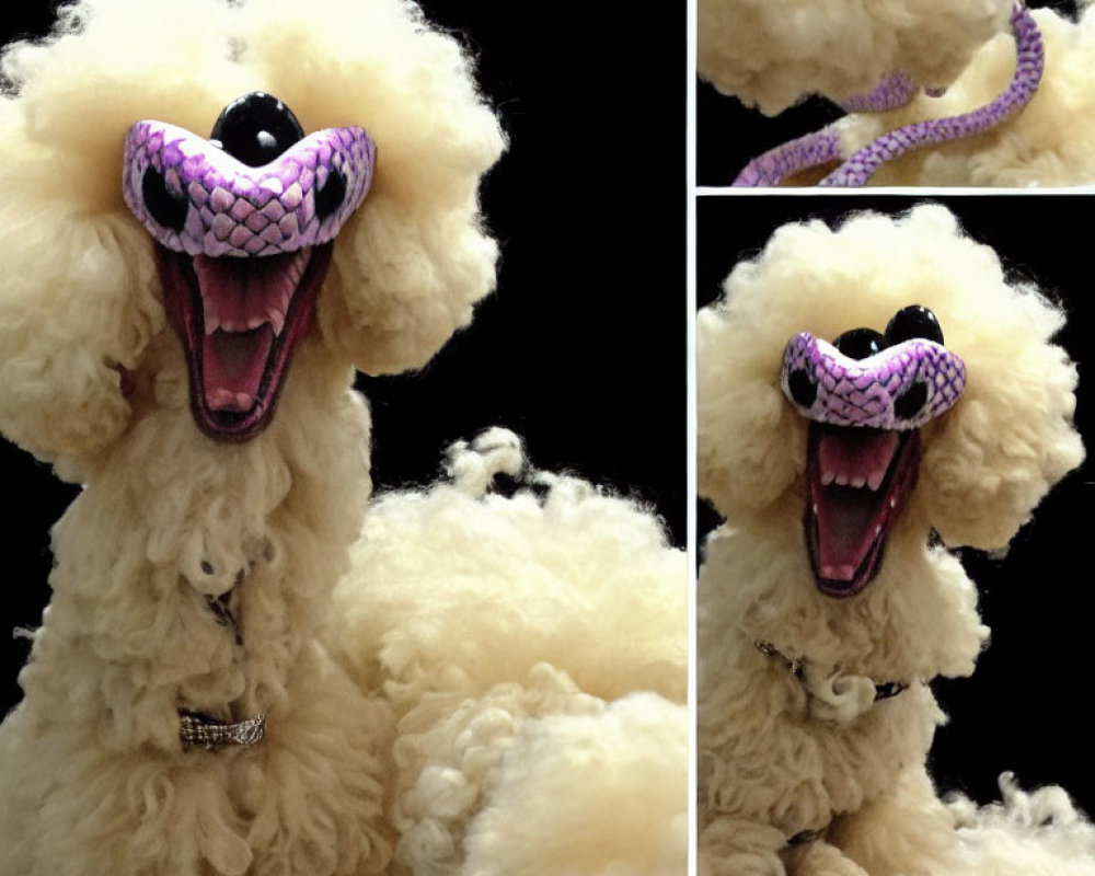 White poodle with purple snake toy in mouth, playful snarl