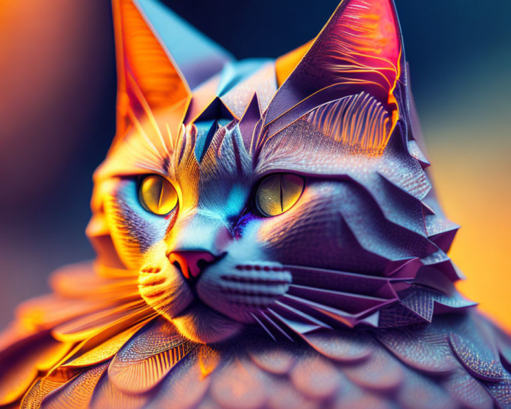 Colorful Stylized Cat Artwork with Geometric Patterns in Blue and Orange