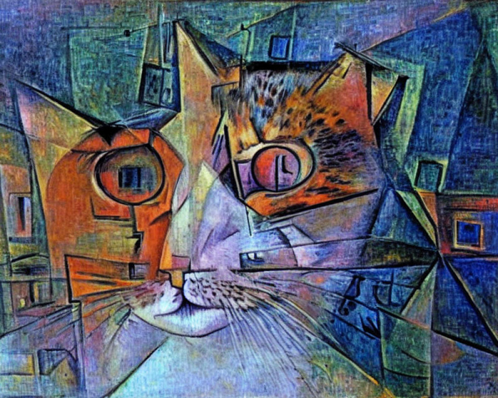 Colorful Cubist-Style Cat Painting with Geometric Shapes