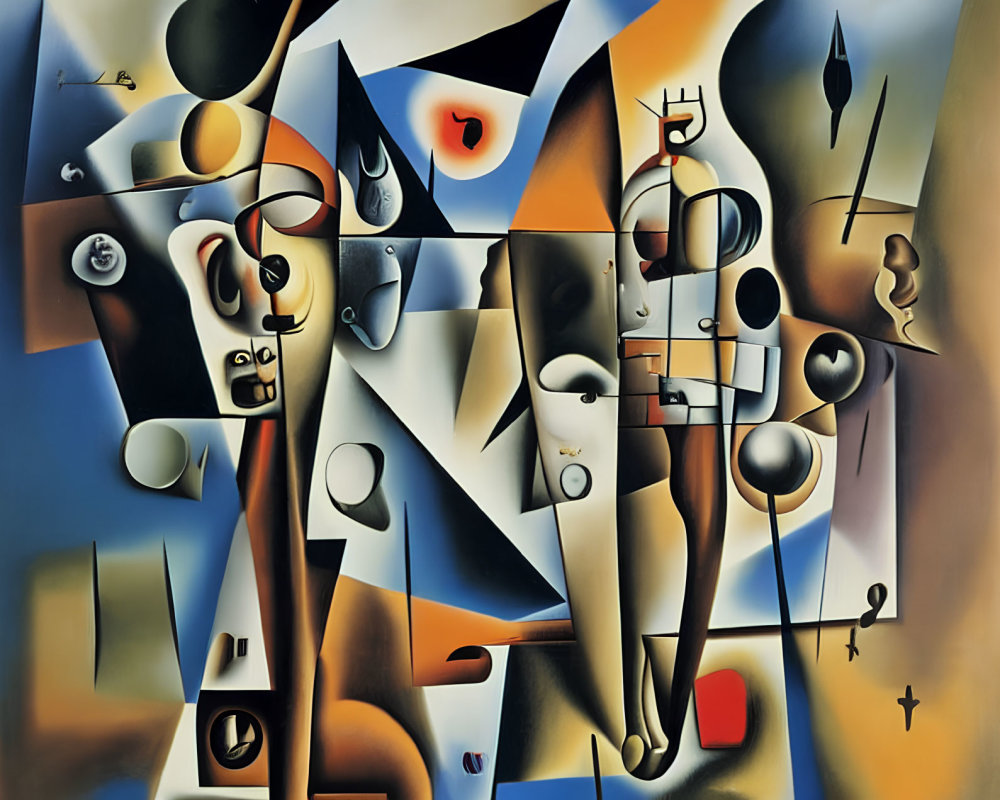 Abstract Surrealist Painting with Geometric Shapes and Distorted Figures