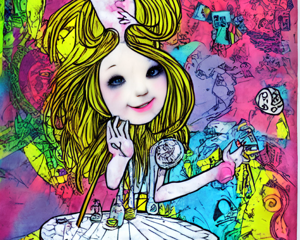 Colorful Surreal Illustration of Caricatured Girl with Abstract Elements