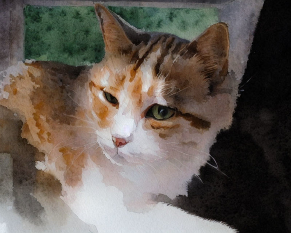 Cat Watercolor Painting: White and Orange Fur, Green Eyes