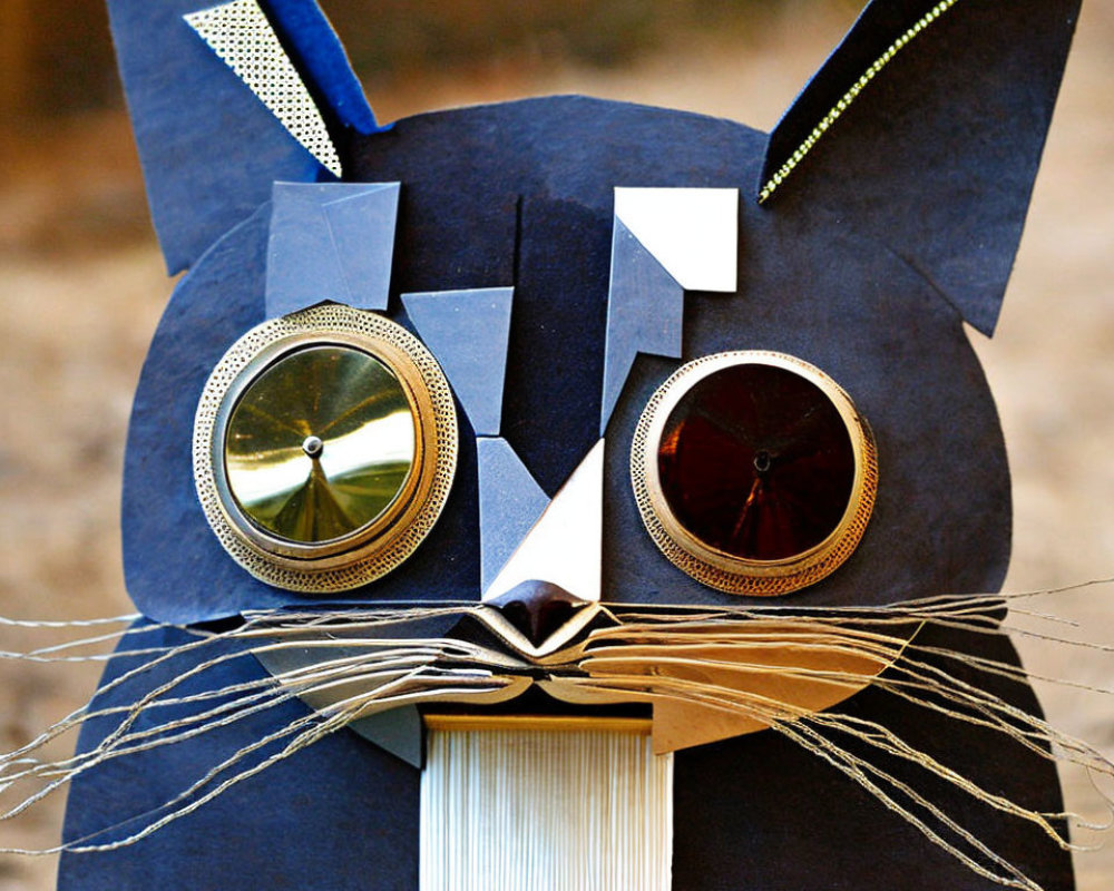 Cardboard Cat Mask with Metallic Eyes and String Whiskers