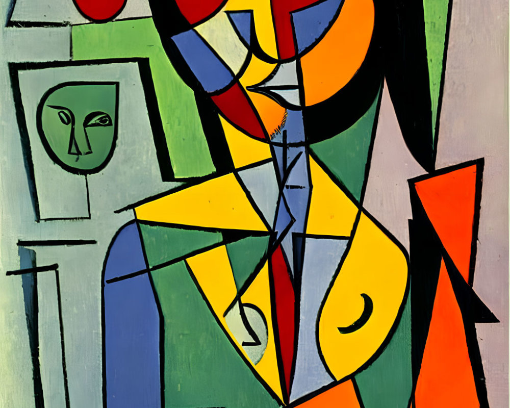 Colorful Cubist Painting with Geometric Shapes and Split-Face Figure