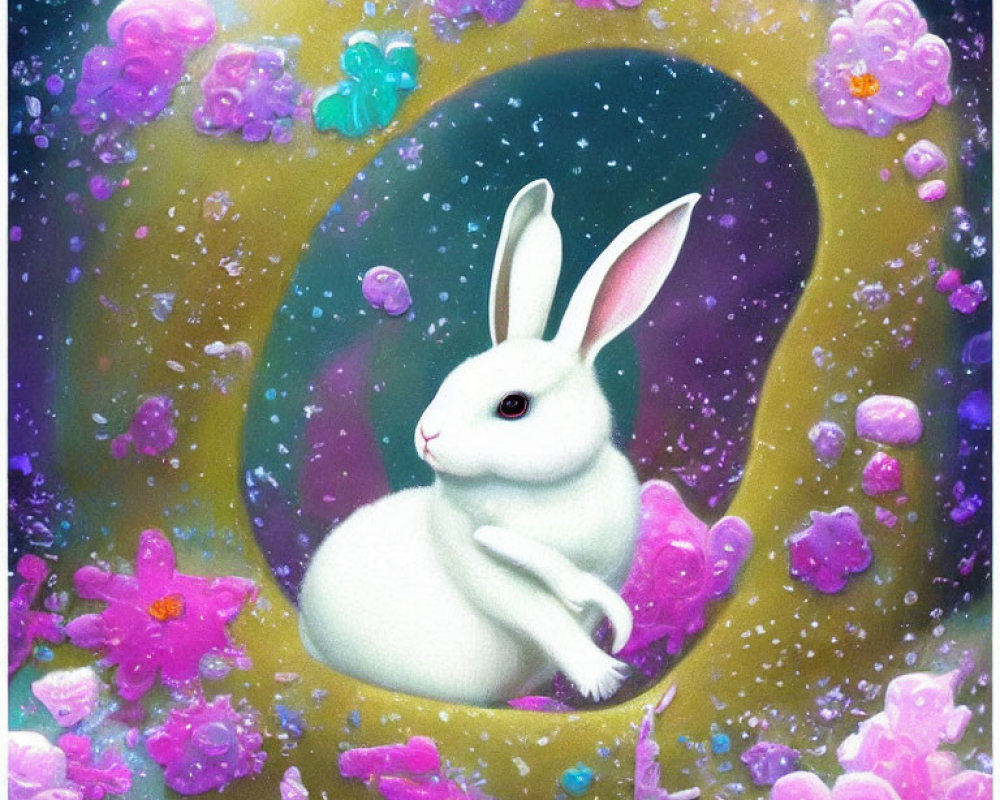 White Rabbit in Whimsical Cosmic Setting with Pink and Purple Flowers