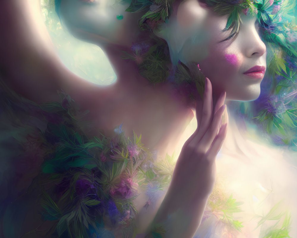 Ethereal portrait of woman with luminescent flowers in soft focus