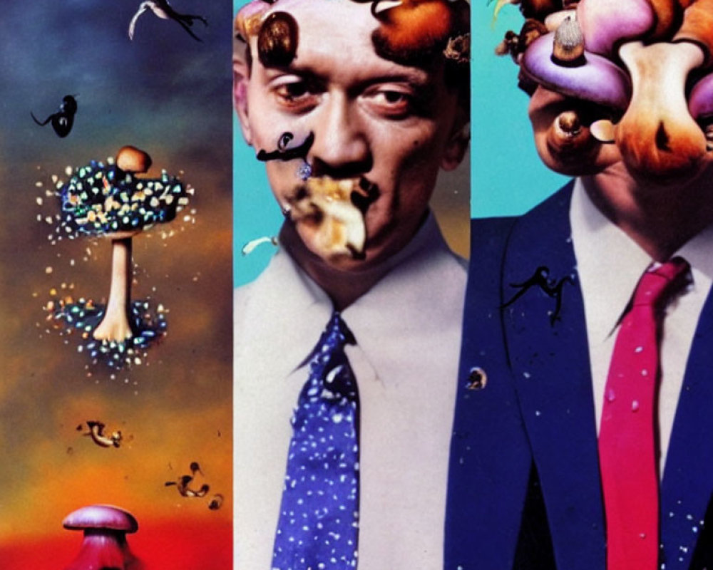 Surreal triptych art: mushroom clouds, distorted faces, and obscured figures