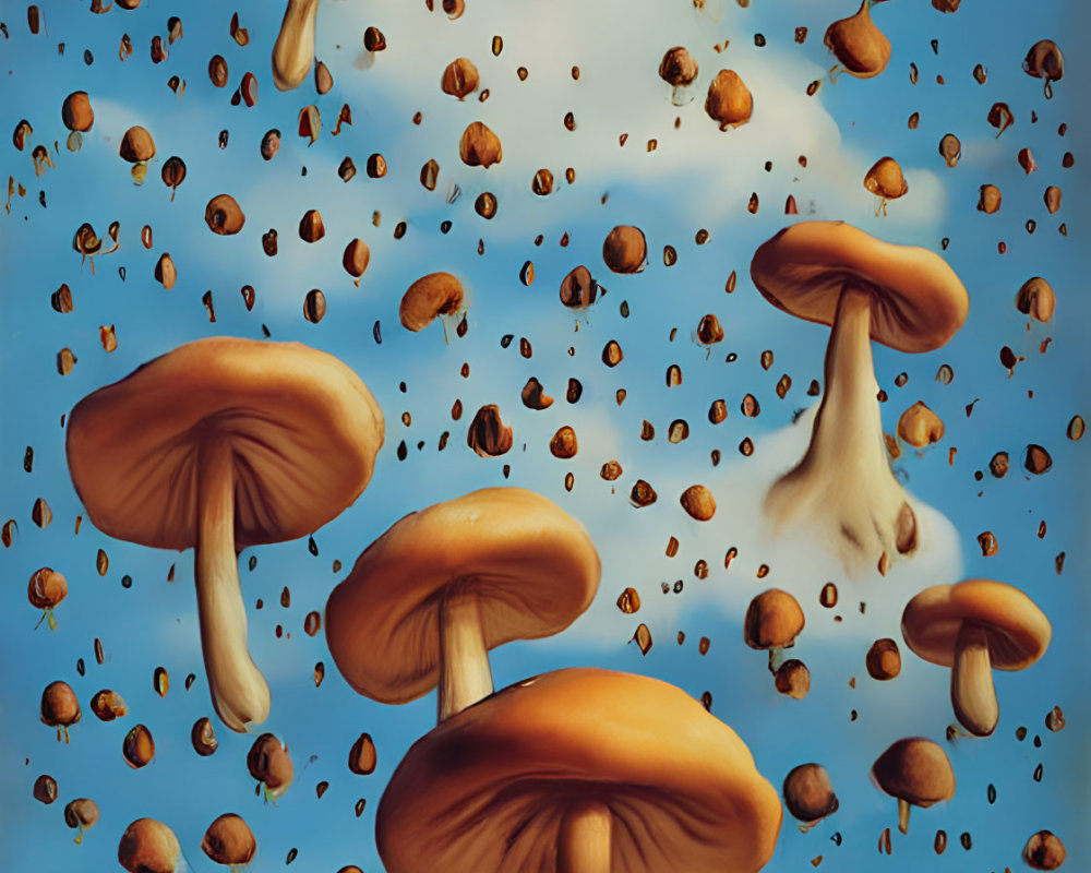 Surreal oversized mushrooms with smaller ones against a blue sky