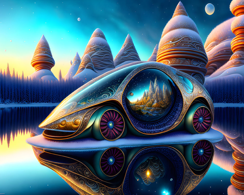 Surreal landscape with reflective water, whimsical vehicle, ice-cream cone-shaped trees, and