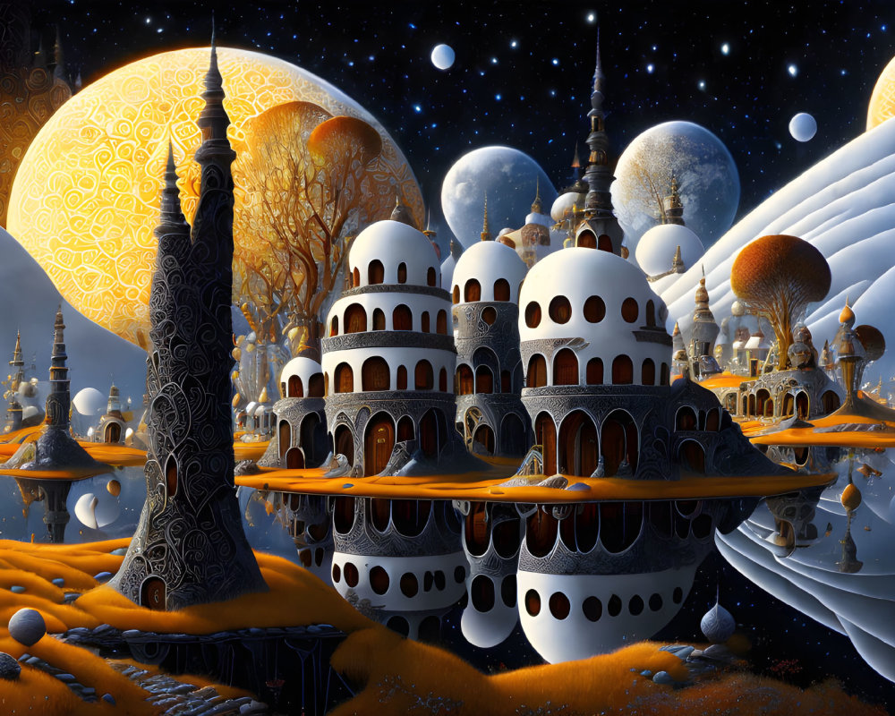 Fantastical cityscape with domed structures and ornate towers at night