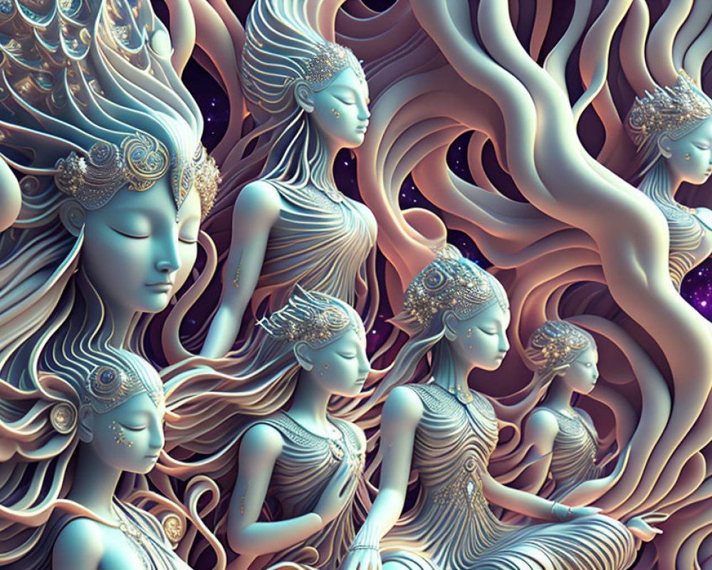 Surreal Artwork: Serene Female Figures with Elaborate Headdresses