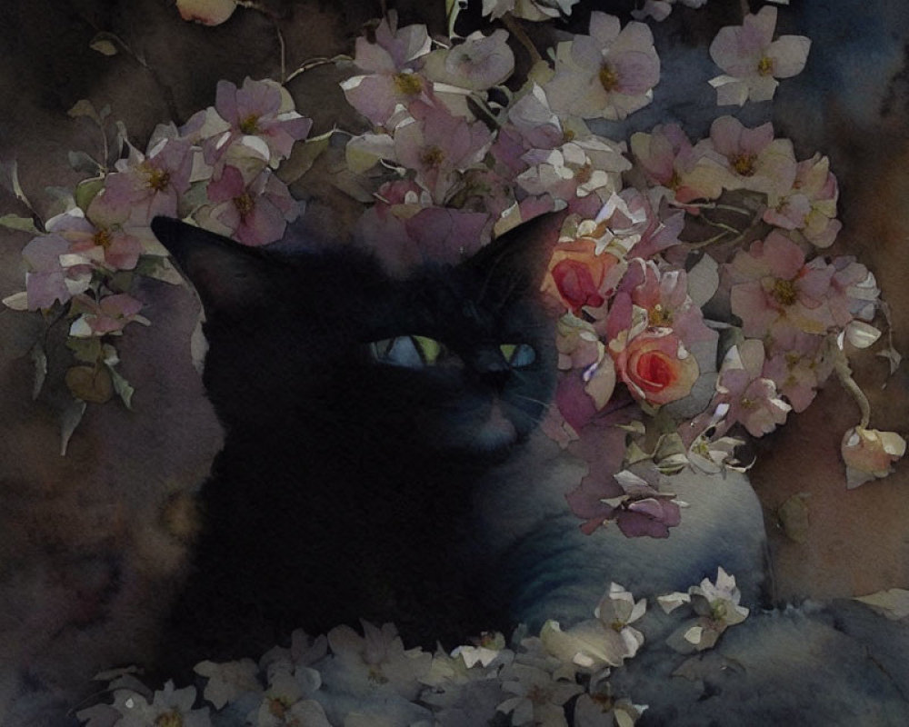 Black Cat Among Pale Pink Flowers on Dark Watercolor Background