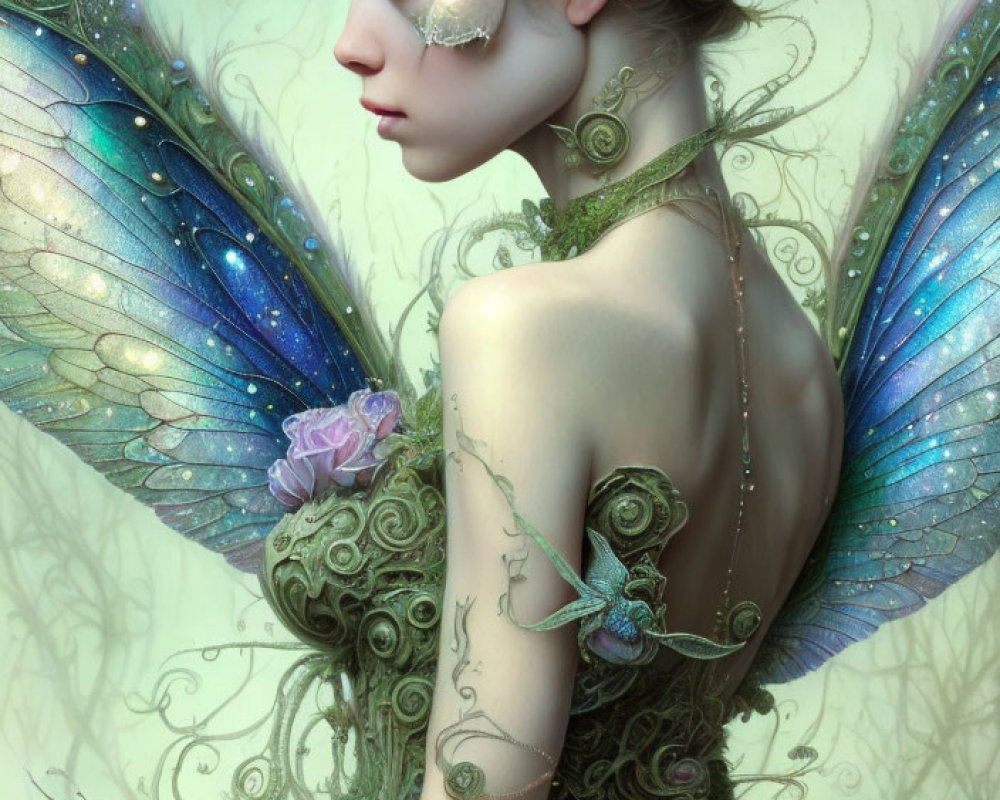 Fairy with iridescent wings and greenery attire in mystical setting