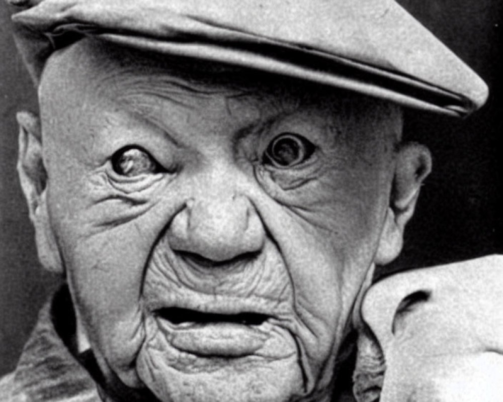 Monochrome close-up of elderly man with expressive facial wrinkles in flat cap and checkered shirt