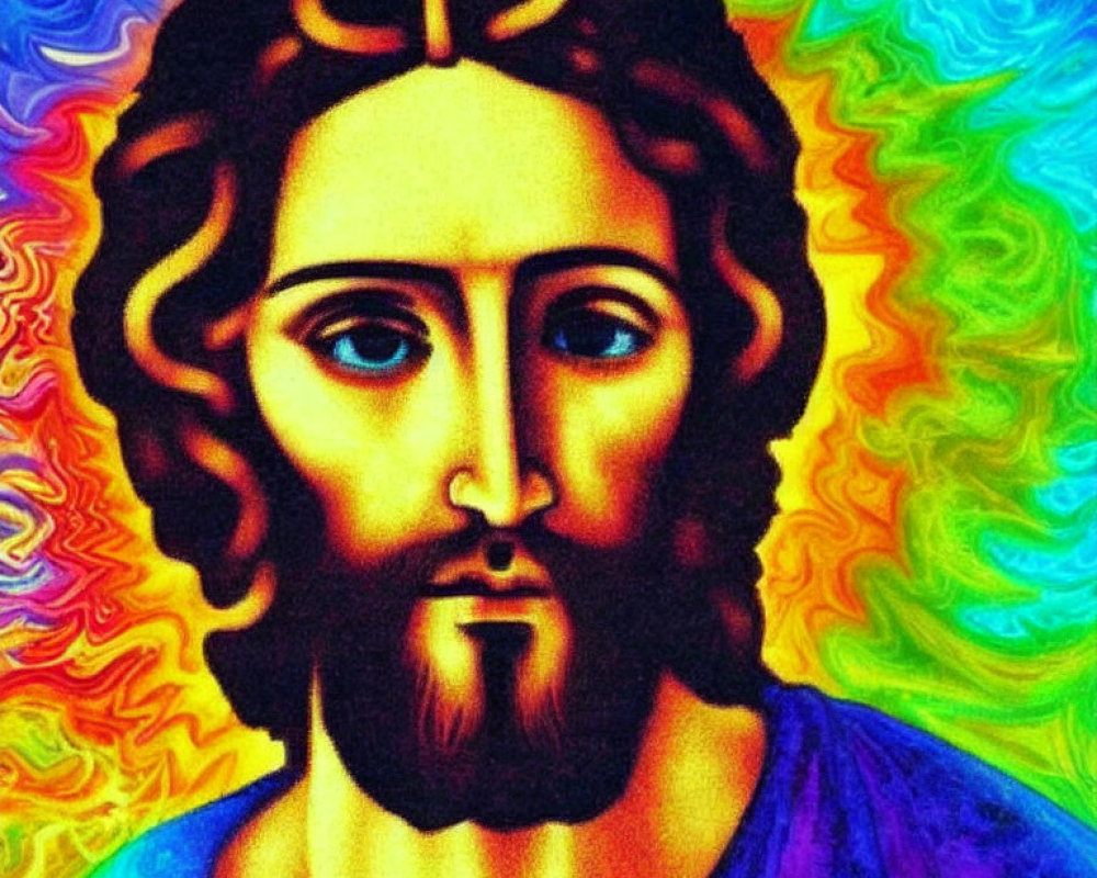 Colorful portrait of figure with wavy hair, beard, and serene expression on swirling psychedelic background