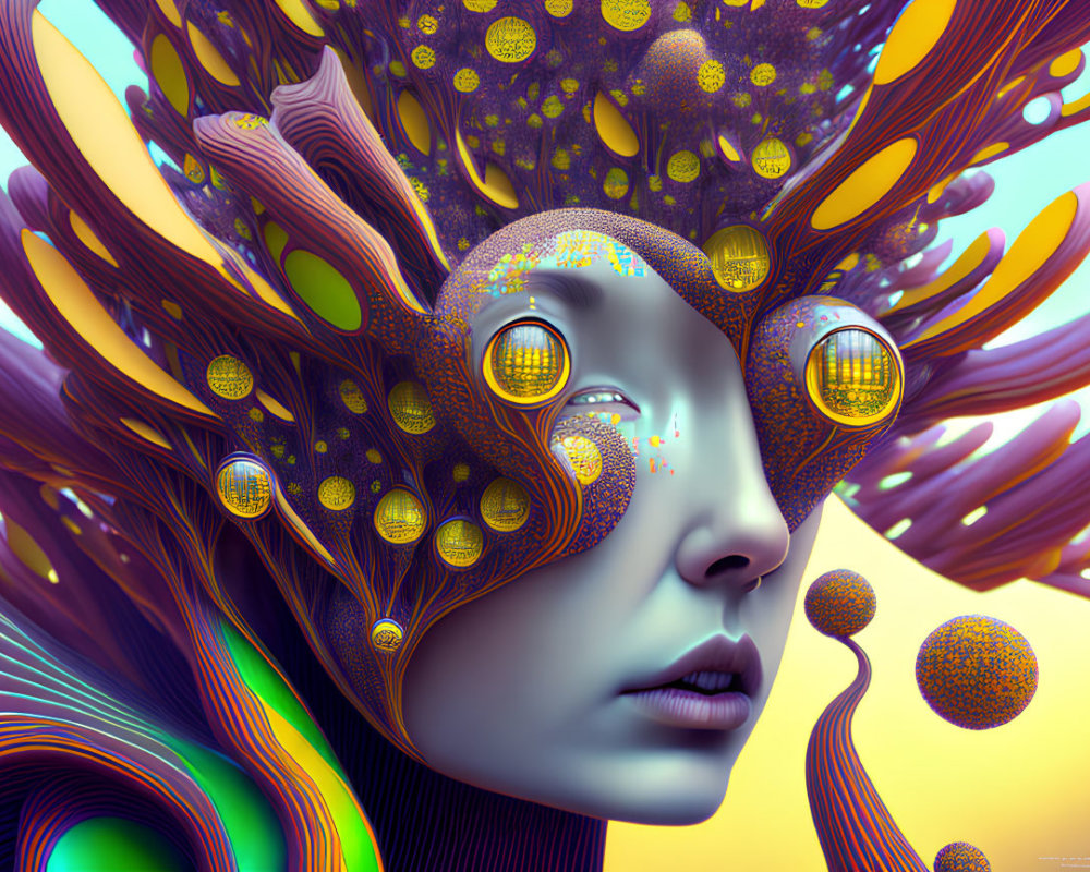 Vibrant surreal digital artwork with psychedelic face and abstract flora/fauna.