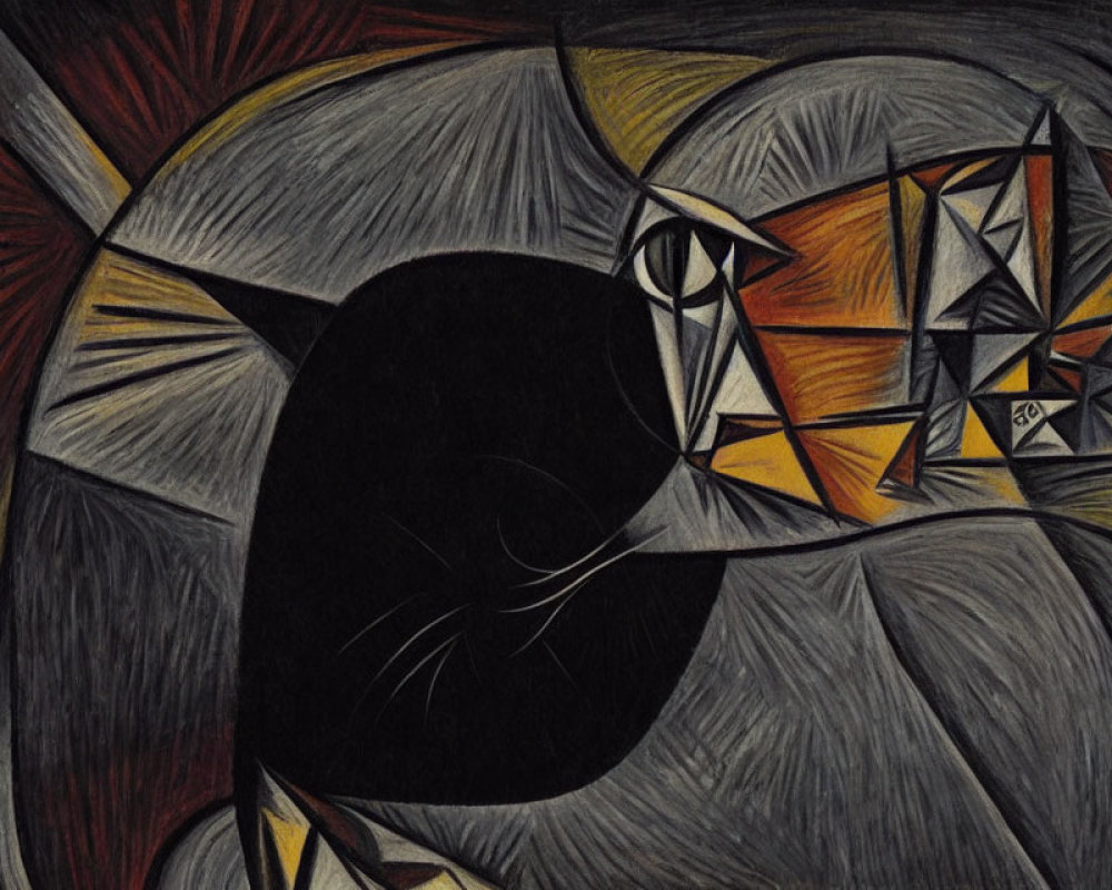 Geometric Cubist Cat Painting in Black, Gray, and Yellow