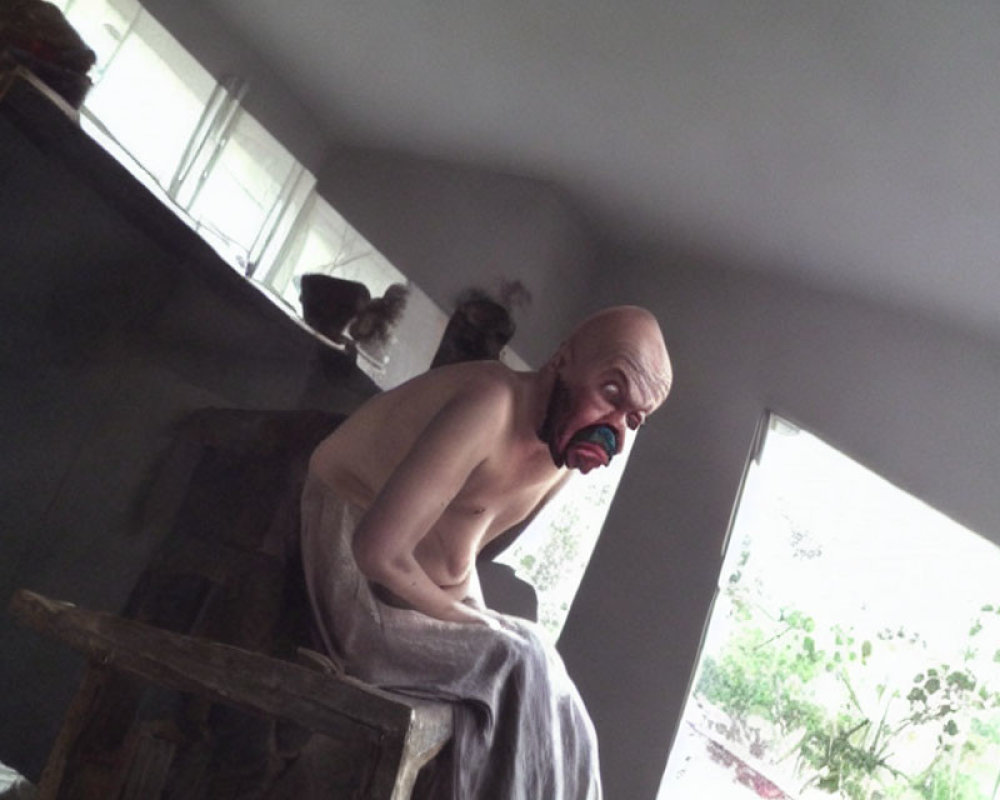 Person in Bald Cap and Scary Mask on Stool in Dimly Lit Room