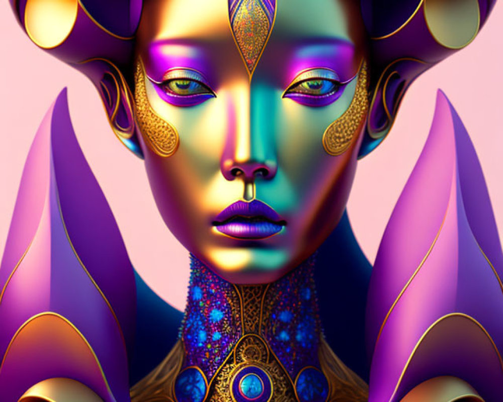 Vibrant digital artwork featuring stylized female figure with gold and purple headdress