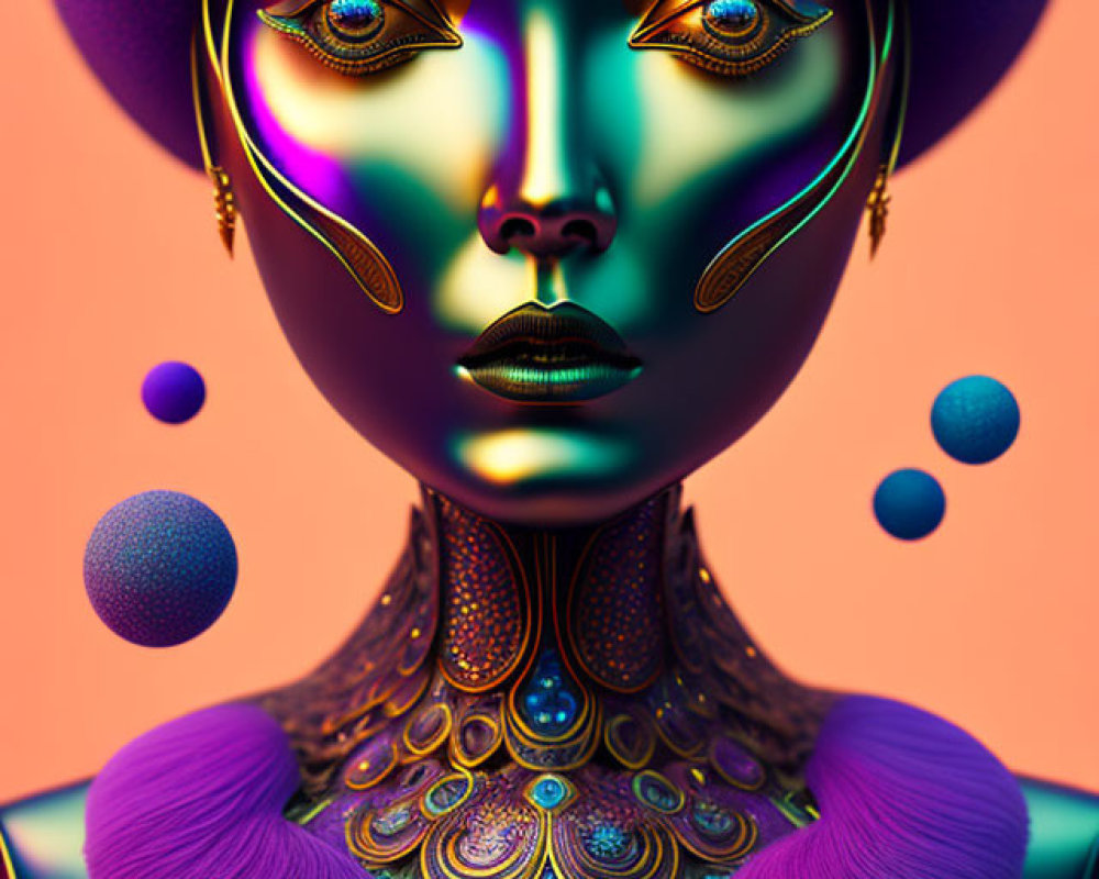 Colorful digital artwork featuring stylized female figure with golden facial features, purple accents, iridescent