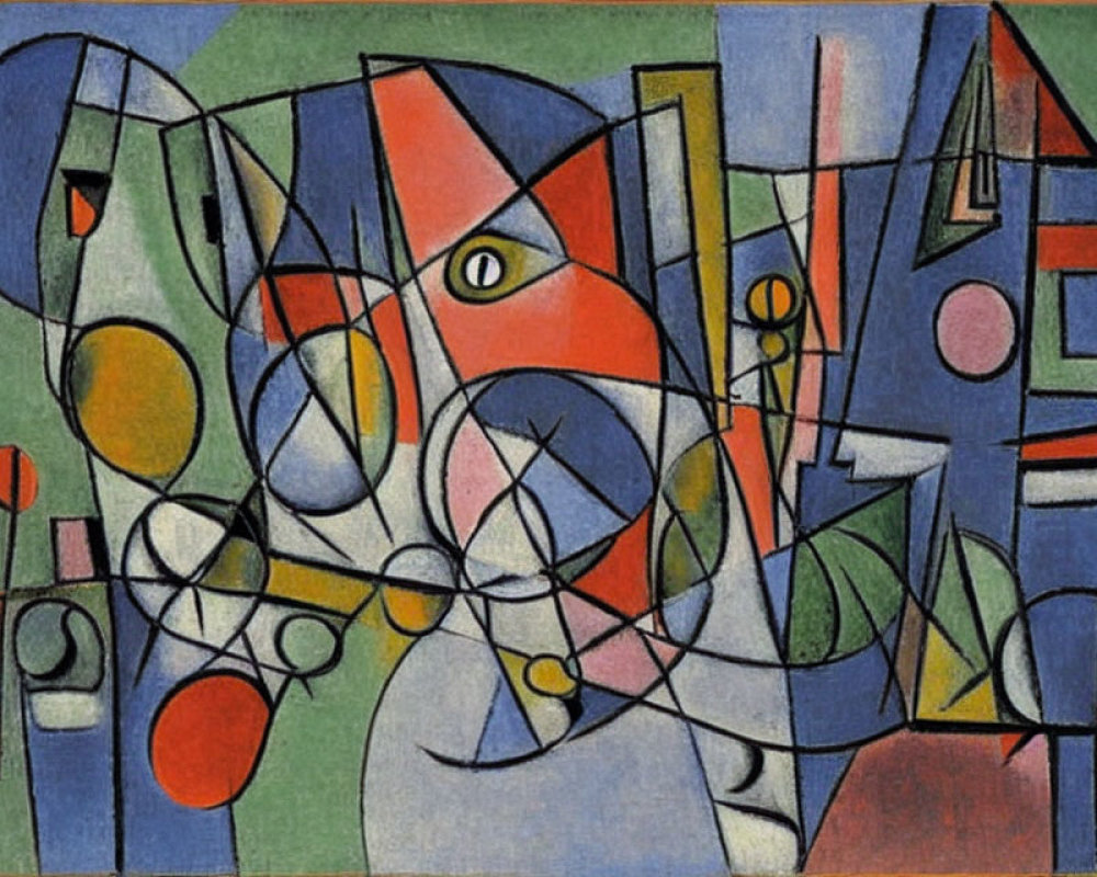 Colorful Cubist Painting with Interlocking Shapes in Bright and Muted Colors