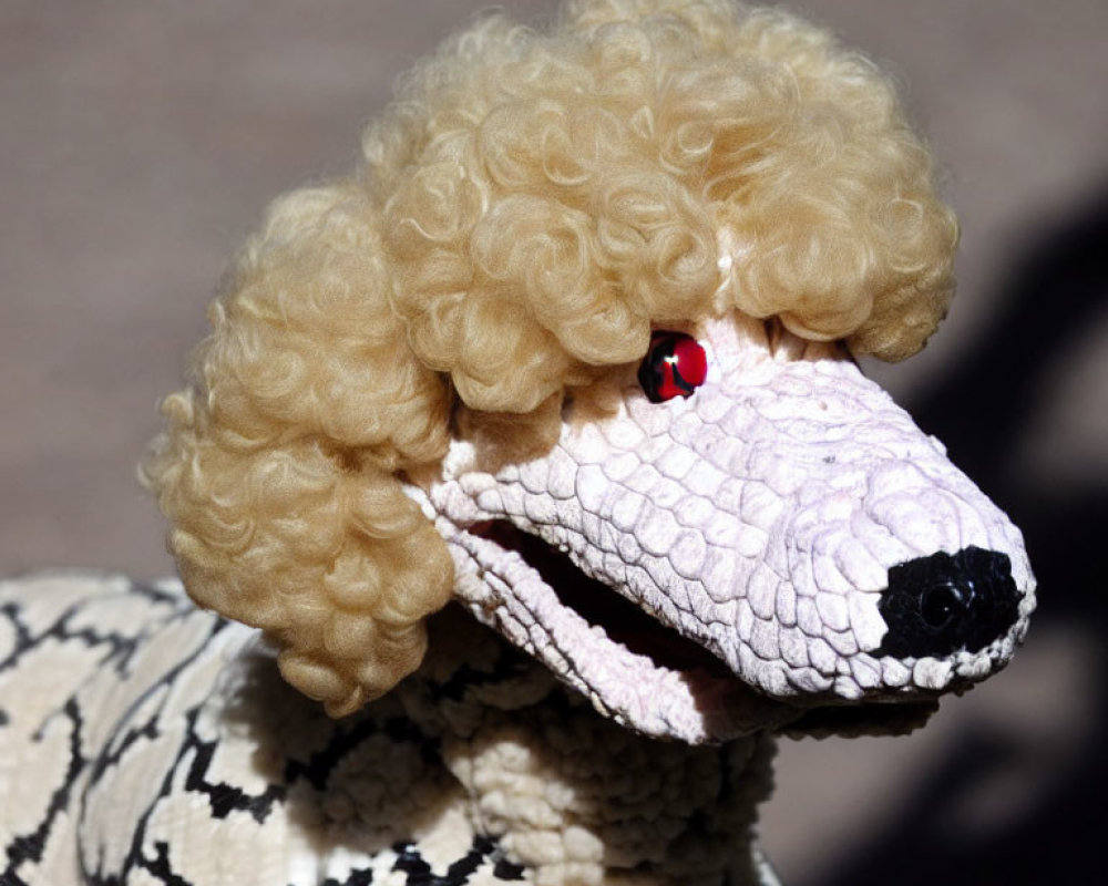 Curly blonde poodle head in snake costume with scales